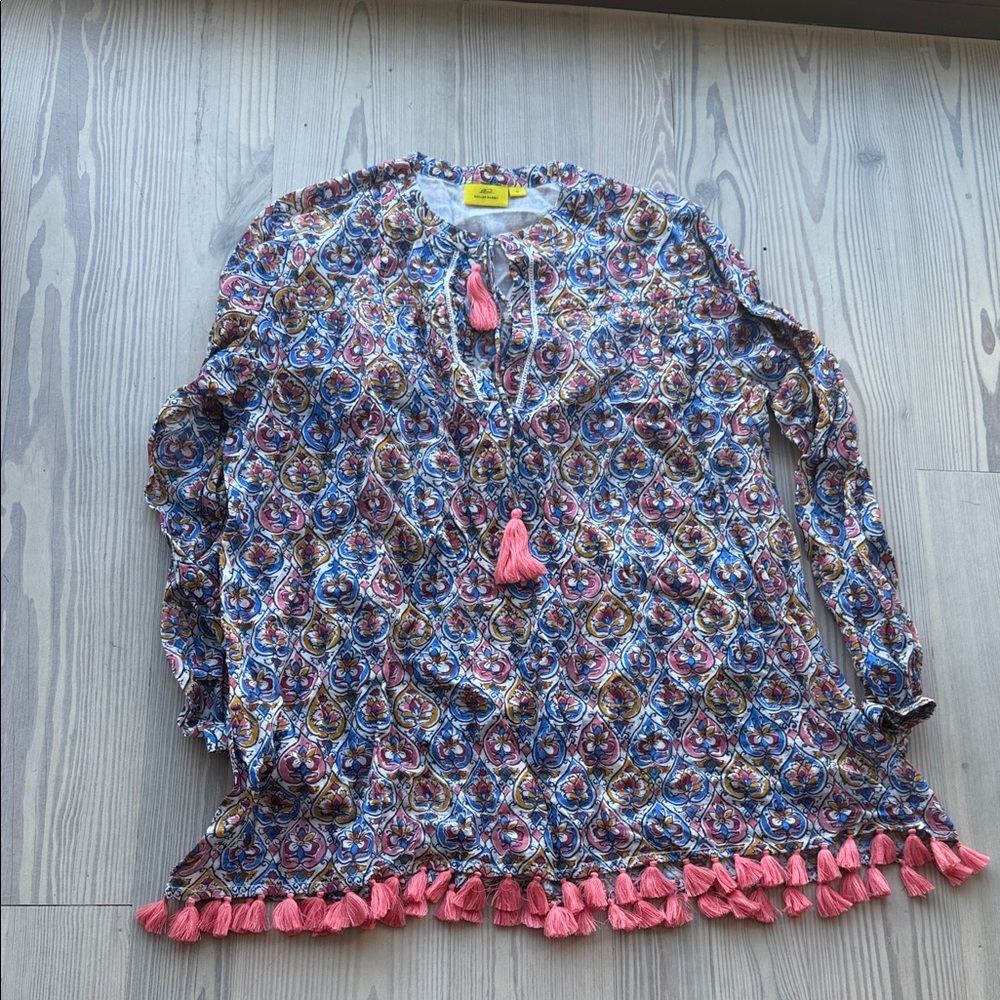 Roller Rabbit Kurta Patterned Blouse with Pink Tassels. Size M